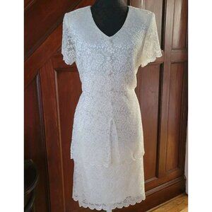 Vintage Helene Blake White Rose Lace Dress Buttons Tie Sz 12p